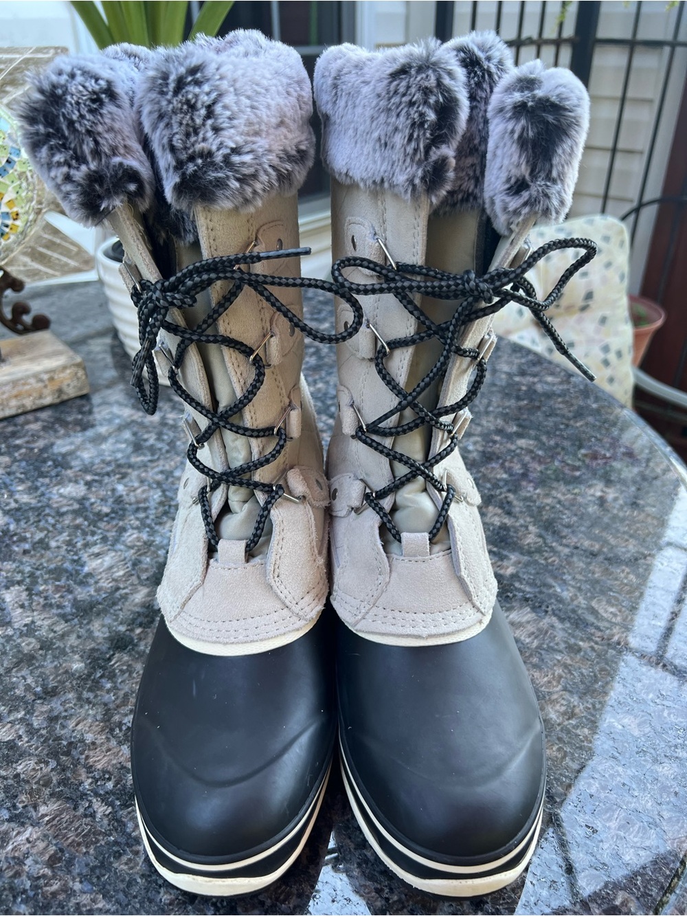 Khombu Beige and Black Women's Winter Lace-Up Boots with Faux Fur Cuff